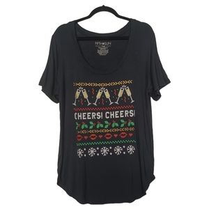 FIFTH SUN "Cheers!" Holiday Cross Stitch Print Short Sleeve Black Top X-Large
